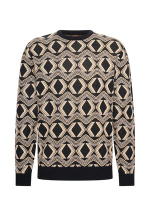 Strickpullover mit geometrischem Muster in Creme, Schwarz und Braun. Gerippte Bündchen und Saum sowie ein runder Ausschnitt.