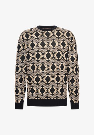 Strickpullover mit geometrischem Muster in Creme, Schwarz und Braun. Gerippte Bündchen und Saum sowie ein runder Ausschnitt.