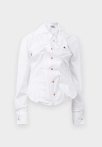 Cămașă albă cu mânecă lungă, cu un design ajustat. Are un guler mare, închidere frontală cu nasturi maro și un mic logo brodat.