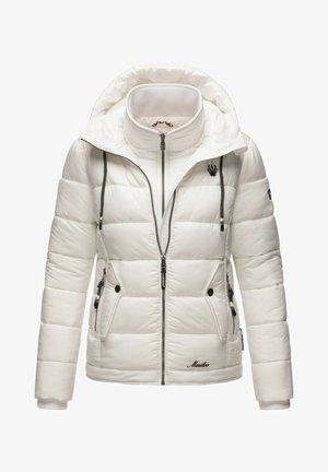 Giacca imbottita bianca con colletto alto e cappuccio removibile. Presenta una chiusura con zip, tasche laterali e logo ricamato. Design a quadri strutturato.