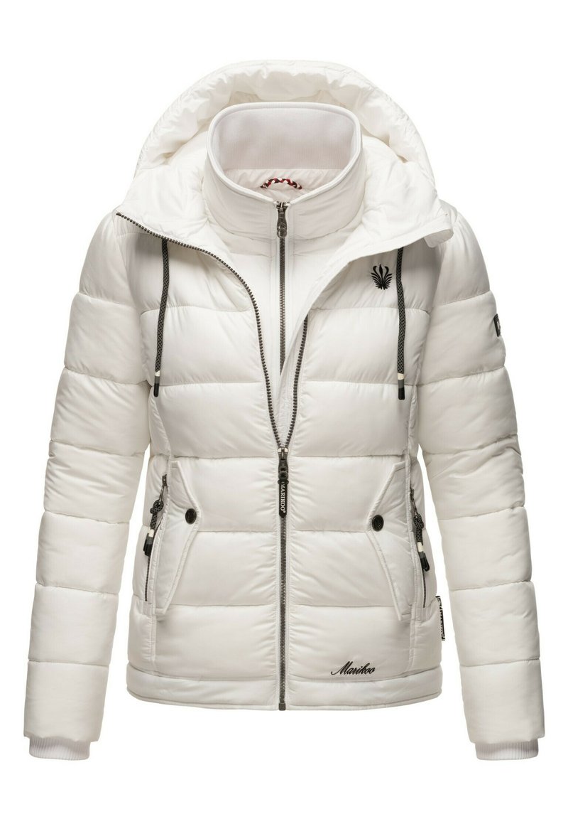 White puffer jacket with a high collar and detachable hood. Features zipper front, side pockets, and embroidered logo. Textured, quilted design.