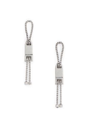 Two silver metal zipper pull tabs with box chain loops and engraved "ALLSAINTS" text on metal plates.