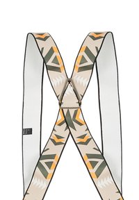 Patroon bretels met geometrische vormen in beige, groen en oranje. Gemaakt van stof met een gladde textuur en zwarte rand.