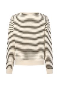 Sweter z okrągłym dekoltem w odcieniu kremowym w czarne paski. Posiada długie rękawy i ściągacz u dołu, prezentując miękką teksturę i luźny krój.