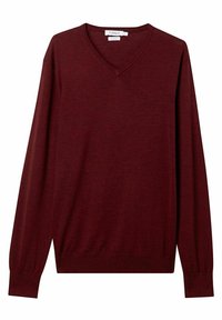 Weinroter V-Ausschnitt-Pullover mit langen Ärmeln, gerippten Bündchen und Saum. Hergestellt aus weichem Stoff mit glatter Textur und minimalistischem Design.