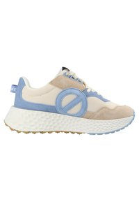 Leichte Sneakers in Beige und Blau aus Wildleder und Mesh-Materialien, mit einem markanten runden Akzent und einer strukturierten weißen Sohle.