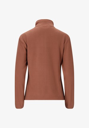 Ruskea fleece-paita, jossa on korkea kaulus, pitkät hihat ja sileä pinta. Ei näkyvää varustusta tai kuvioita. Takaviista esitetty.