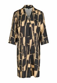 Kimono-Stil Kleid in Schwarz und Beige, mit geometrischem Muster, V-Ausschnitt, 3/4-Ärmeln und einer lockeren Passform. Glatte Stofftextur.