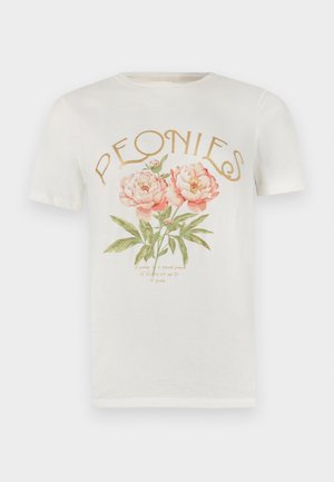 Λευκό T-shirt με κοντά μανίκια, με γραφικό σχέδιο ροζ παιώνιων και κείμενο "PEONIES" σε χρυσό χρώμα πάνω από την εικόνα.
