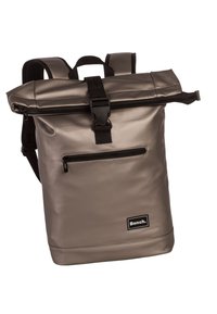 Sac à dos imperméable gris à rabat roulant avec des bretelles réglables, poches zippées à l'avant et panneau arrière rembourré. Présente un logo noir.