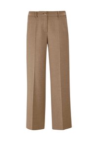 Beige wijde broek gemaakt van gestructureerde stof, met een voorsluiting met knoop, twee zijzakken en plooidetails langs de benen.