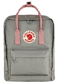 Gray Fjällräven Kanken backpack with pink carry handles, a front zip pocket, and a round logo patch featuring a red fox. Smooth fabric texture.