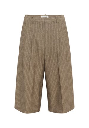 Hnědé šortky s proužky, vyrobené z texturované látky, s úpravou na míru, plochým předním dílem a širokými nohavicemi.