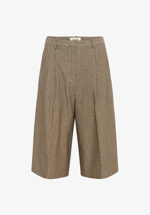 Hnědé šortky s proužky, vyrobené z texturované látky, s úpravou na míru, plochým předním dílem a širokými nohavicemi.