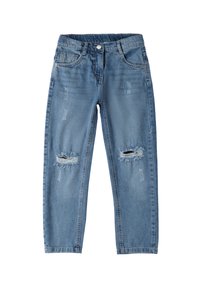 Jeans de mezclilla azul claro con un corte relajado, que presentan una cinturilla alta, acentos desgastados y dos rasgaduras en las rodillas para mayor detalle.