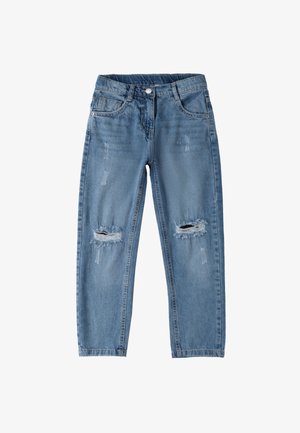 Jeans in denim azzurro chiaro con una vestibilità comoda, caratterizzati da un alto punto vita, dettagli sfilacciati e due strappi sulle ginocchia per un tocco in più.