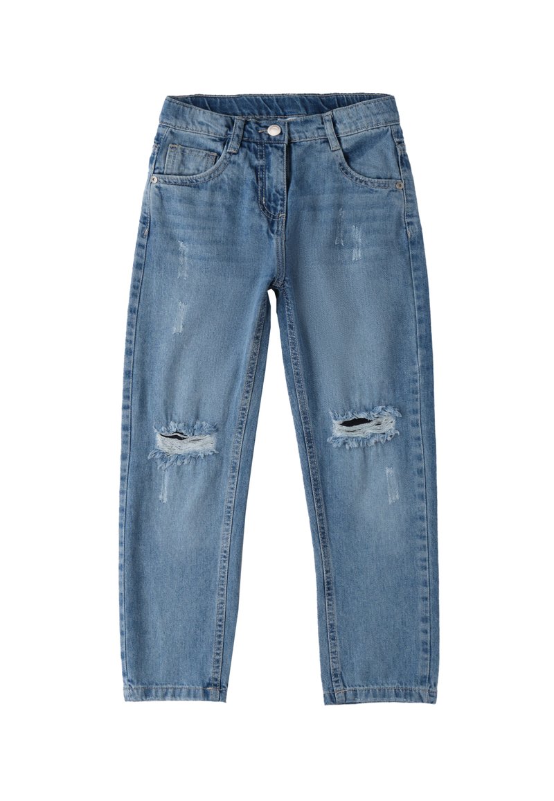 Jeans de mezclilla azul claro con un corte relajado, que presentan una cinturilla alta, acentos desgastados y dos rasgaduras en las rodillas para mayor detalle.