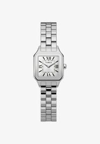 Reloj rectangular plateado Timex con números romanos, esfera blanca texturizada y pulsera de eslabones metálicos. Acabado pulido y marcadores de hora prominentes.