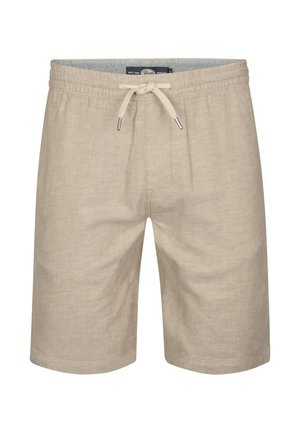 Pantalones cortos de lino beige con cintura elástica y cordón. Presentan bolsillos laterales y un corte recto. Tejido sutilmente texturizado.