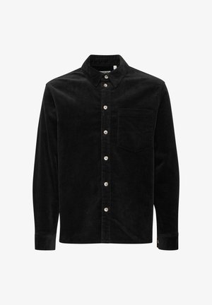 Mustad lõhtedega must korktikkshirt, nupuvajutusega ees, rinna tasku ja hõbedased nupud. Sile tekstuur koos vertikaalsete soontega.