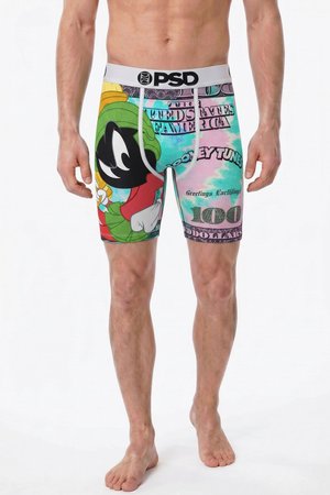 Mann trägt bunte Boxershorts mit Marvin dem Marsmännchen, Looney Tunes Schriftzug und einem Design mit einem Hunderte-Dollar-Schein.