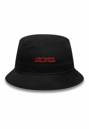 Black bucket hat with red text embroidered: "I came to Milan for football, not fashion" on the front center.