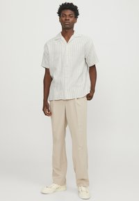 Camicia a maniche corte con bottoni di colore grigio chiaro, con un sottile motivo a righe, abbinata a pantaloni beige a vita alta e scarpe da ginnastica bianche.