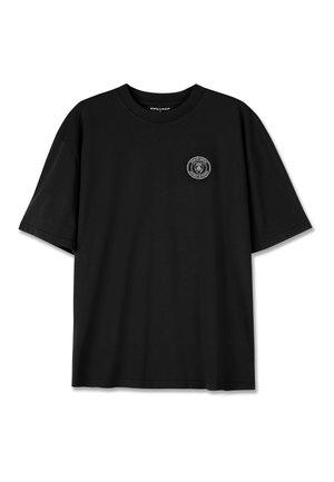 Black cotton t-shirt with short sleeves, featuring a circular embroidered logo on the left chest area, and a relaxed fit design.