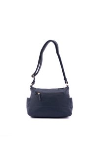 Dark blue leather handbag with a textured surface, adjustable shoulder strap, and front zippered pocket. Compact shape with minimal hardware.