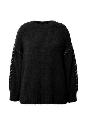 Schwarzer gestrickter Pullover mit lockerer Passform, geripptem Ausschnitt und Bündchen sowie dekorativer weißer Naht entlang der Seiten der Ärmel.