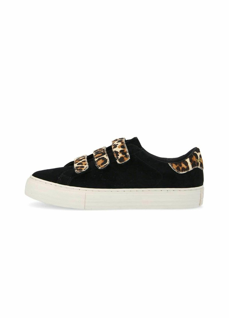 Black suede sneaker with three leopard print Velcro straps and white rubber sole. Designed with a rounded toe and textured fabric accents.