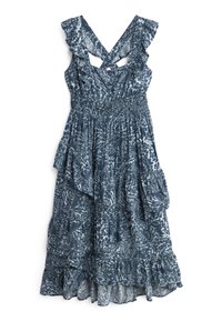 Robe bleue à motif floral avec bretelles volantées, corsage froncé et jupe à volants superposés. Tissu léger, longueur jusqu'à la cheville.