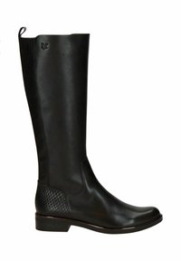 Bota de cuero negro hasta la rodilla con paneles laterales texturizados, un acabado suave y un tacón bajo apilado, que presenta un pequeño logo cerca de la parte superior.