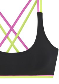 Schwarzer Sport-BH mit gekreuzten Trägern in Pink und Grün. Glatte Textur mit einem kontrastierenden neongrünen Saum unten.