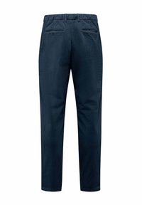 Donkerblauwe corduroybroek met een relaxte pasvorm, voorzien van twee zijzakken en twee achterzakken met knoopsluitingen. Textuurstof.