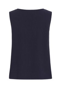 Ärmlös topp i mörk marinblå nyans med en slät yta, rund halsringning och en enkel, rak skärning.