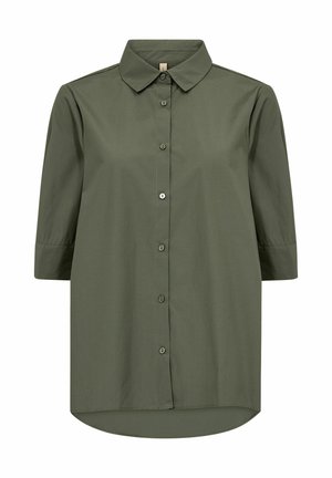Olive green button-up shirt with a collar, three-quarter length sleeves, and a rounded hem. Smooth fabric with matching buttons.