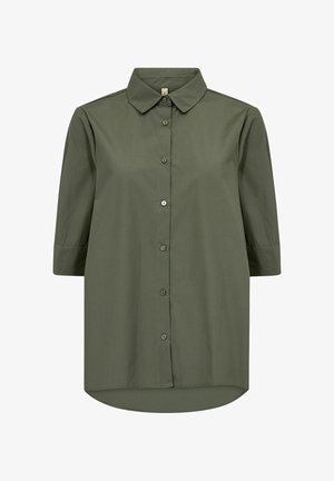 Olivenfarvet skjorte med knaplukning, krave, 3/4-ærmer og rundet kant. Glat stof med matchende knapper.