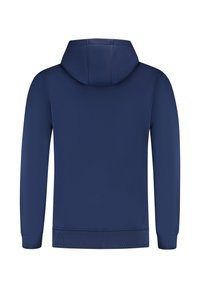 Marineblauwe capuchontrui met lange mouwen, geribbelde manchetten en een geribbelde zoom. Glad materiaal zonder zichtbare logo's of versieringen.