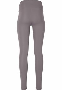Höga leggings i ljusgrått, tillverkade av töjbart, smidigt tyg. Har en enkel design utan synliga mönster eller dekorationer.
