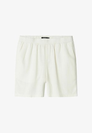 White linen shorts with an elastic waistband, featuring side pockets and a relaxed fit, smooth texture, and no distinct patterns or hardware.