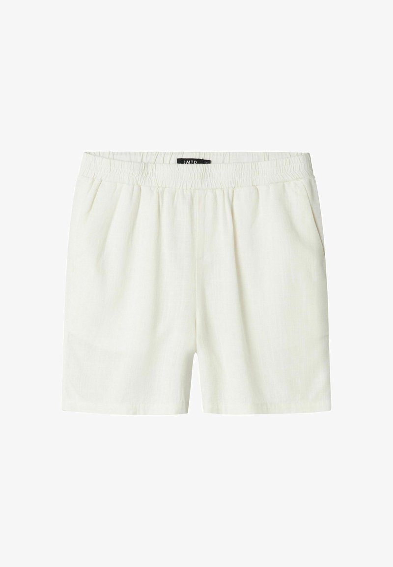 Shorts en lin blancs avec une taille élastique, dotés de poches latérales et d'une coupe décontractée, texture lisse, sans motifs distincts ni éléments métalliques.