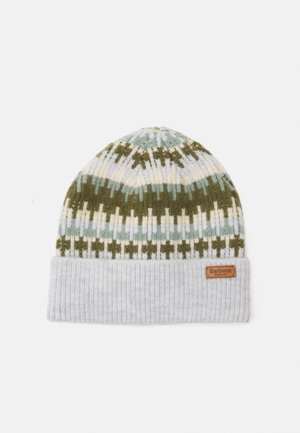 Knitted beanie in green, blue, and cream with geometric patterns, featuring a light grey ribbed cuff and a brown leather label.