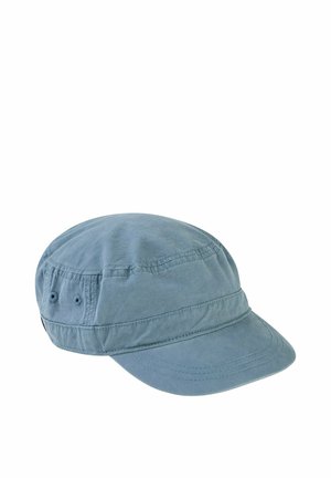 Lyseblå bomulds militærstil kasket med kort, buet skygge og syede ventilationshuller på siderne.