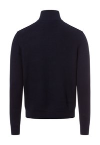 Marineblauer Strickpullover mit hohem Kragen, langen Ärmeln sowie gerippten Bündchen und Saum. Strukturierter Stoff mit einem dezenten Muster durchgehend.