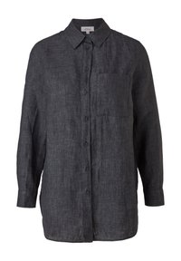 Chemise en lin gris foncé à manches longues, fermeture par boutons, col classique, poche poitrine unique, et ourlet légèrement arrondi.