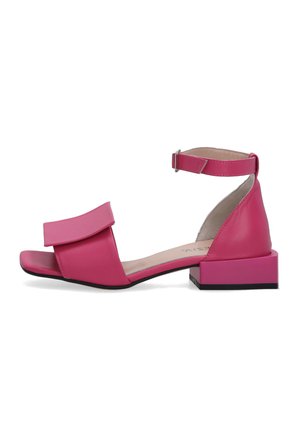 Pink leather sandal with a wide front strap and ankle buckle. Features a block heel and open toe design, smooth texture.