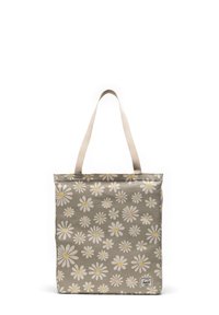 Canvas boodschappentas met een grijze achtergrond, versierd met een wit madeliefjespatroon en gele bloembollen, en beige stoffen hengsels. Inclusief een merklabel.