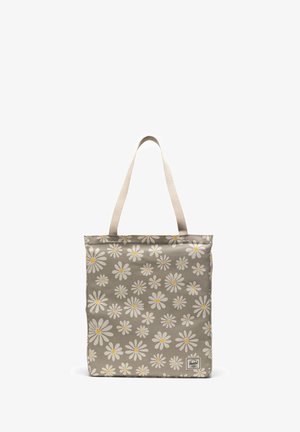 Canvas tote bag with a gray background, featuring a white daisy pattern and yellow centers, and beige fabric straps. Includes a brand label.