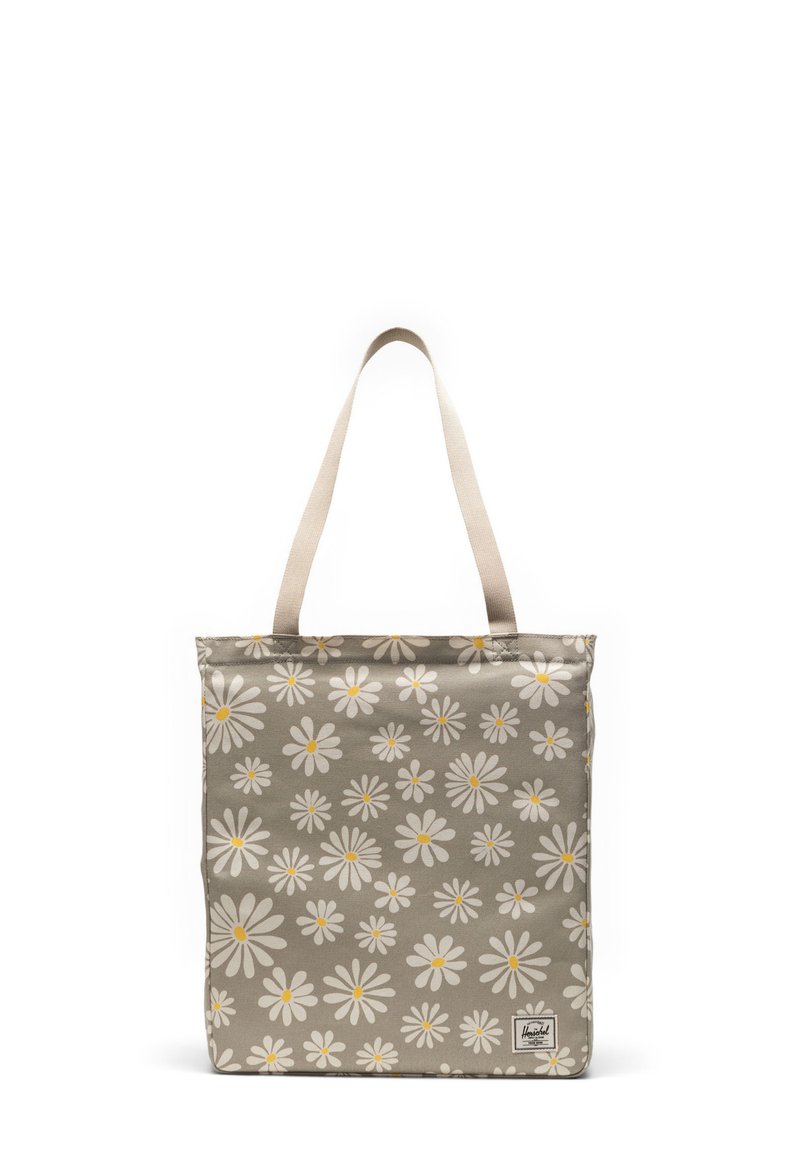 Canvas boodschappentas met een grijze achtergrond, versierd met een wit madeliefjespatroon en gele bloembollen, en beige stoffen hengsels. Inclusief een merklabel.